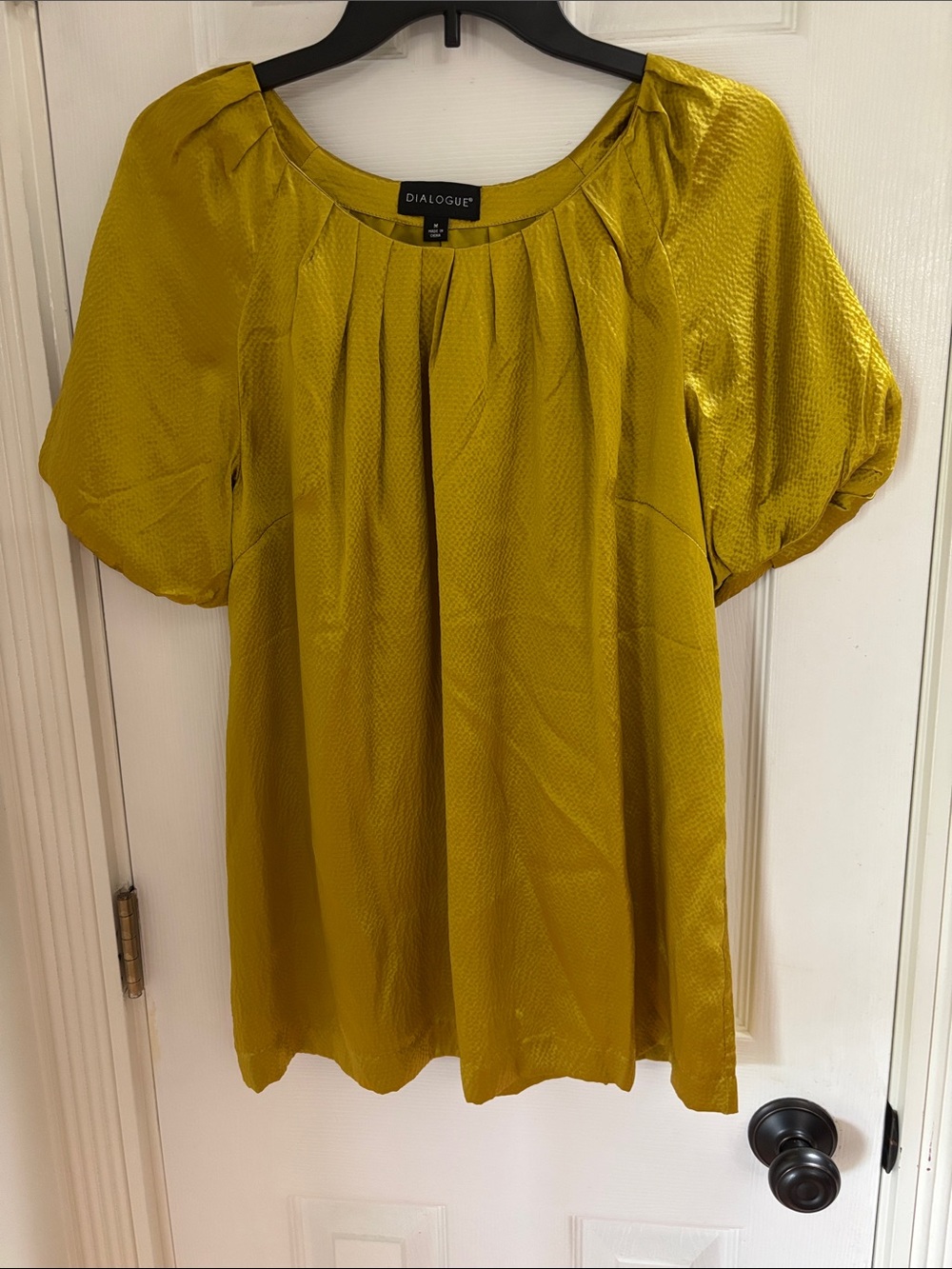 Dialogue Silk Mustard Yellow Pleated Short Puff Sleeve Blouse